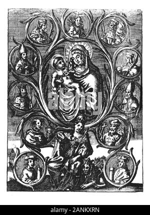 Antique vintage religious engraving or drawing of queen sitting on throne with Jesus, virgin Mary, kings and saints around.Kingdom of Bohemia.Illustration from Book Die Betrubte Und noch Ihrem Beliebten..., Austrian Empire,1716. Artist is unknown. Stock Photo