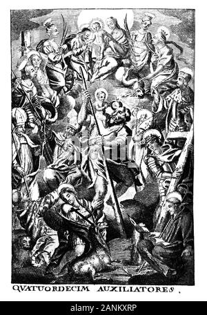 Antique vintage religious allegorical engraving or drawing of man surrounded by saints and patrons. Latin text say fourteen helpers.Illustration from Book Die Betrubte Und noch Ihrem Beliebten..., Austrian Empire,1716. Artist is unknown. Stock Photo