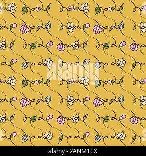 doodle spring flowers on a vibrant yellow background seamless vector pattern Stock Vector