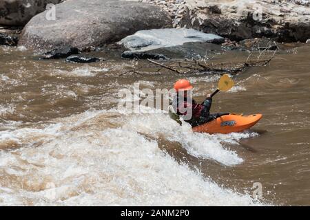 A  kayaker tests the rapids of the Animas River, just below Durango, the seat of La Plata County in southern Colorado Physical description: 1 photographÂ : digital, tiff file, color.  Notes: Purchase;  Photography, Inc.; 2015; (DLC/PP-2015:068).; Forms part of: Gates Frontiers Fund Colorado Collection within the  Archive.; Credit line: Gates Frontiers Fund Colorado Collection within the  Archive, , Prints and Photographs Division.; Title, date and keywords based on information provided by the photographer.;