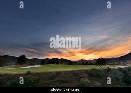 Landscape at sunset in Monforte del Cid, province of Alicante, Spain. Stock Photo