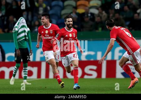 Lisbon, Portugal. 17th Jan, 2020. Rafa Silva of SL Benfica (C ) celebrates after scoring during the Portuguese League football match between Sporting CP and SL Benfica at Jose Alvalade stadium in Lisbon, Portugal on January 17, 2020. Credit: Pedro Fiuza/ZUMA Wire/Alamy Live News Stock Photo
