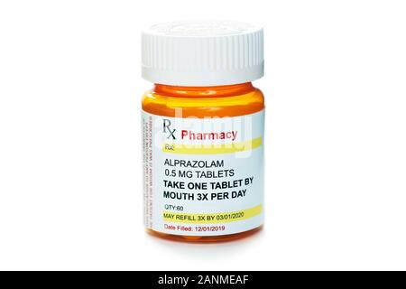Alprazolam generic anxiety medication prescription bottle isolated on white. Stock Photo