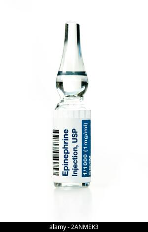 Epinephrine Color Close up of epinephrine injection solution in clear1 ml ampule with ...