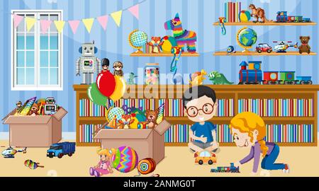 Scene with two kids playing toys in the room illustration Stock Vector