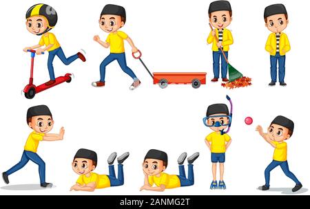 Muslim boy in yellow shirt doing different things illustration Stock Vector