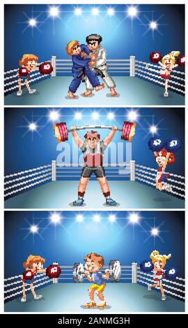 Background scene with athletes fighting in the ring illustration Stock Vector