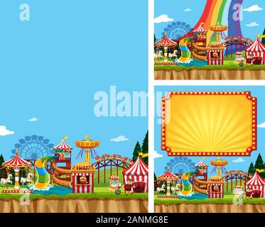 Three scenes of circus with many rides illustration Stock Vector