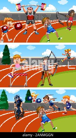 Scene with people doing track and field sports illustration Stock Vector