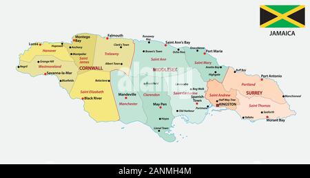 Jamaica administrative map with flag and main cities Stock Vector