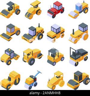Road roller icons set, isometric style Stock Vector