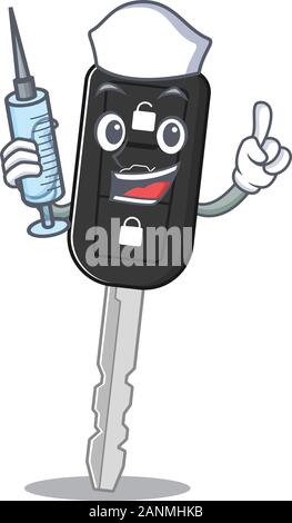 Smiley Nurse car key cartoon character with a syringe Stock Vector