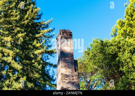 Tall red brick weathered chimney surrounded by dense forest trees. Stock Photo