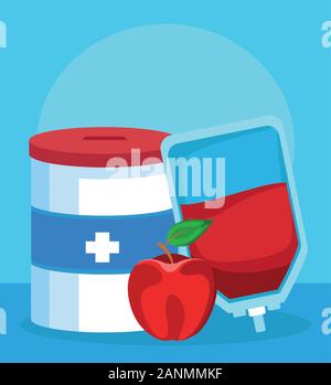 donation tin, blood bag and apple, colorful design Stock Vector