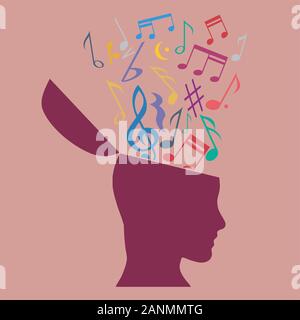 Music therapy concept, musical notes in the head. Flat design Stock Vector