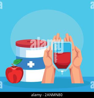 apple, donation tin and hand holding a blood bag, colorful design Stock Vector