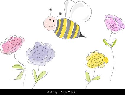 vector drawing bee on flowers Stock Vector