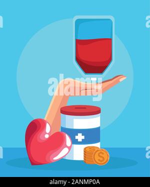 heart, donation tin and hand with blood bag, colorful design Stock Vector