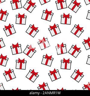 Seamless Christmas vector pattern. Blue and pink contoured giftboxes isolated on white background. Blue stars. Festive illustration. Cute doodle art. Stock Vector