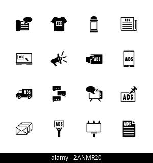 Advertisement icons - Expand to any size - Change to any colour. Flat Vector Icons - Black Illustration on White Background. Stock Vector