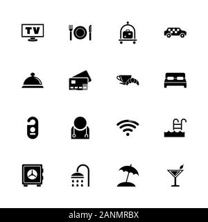 Hotel icons - Expand to any size - Change to any colour. Flat Vector Icons - Black Illustration on White Background. Stock Vector