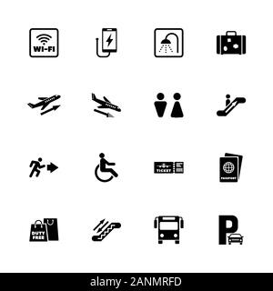Airport icons - Expand to any size - Change to any colour. Flat Vector Icons - Black Illustration on White Background. Stock Vector