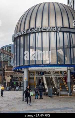 London, UK - Jan 16, 2020: Entrance to the DLR Tower Gateway station in central London Stock Photo