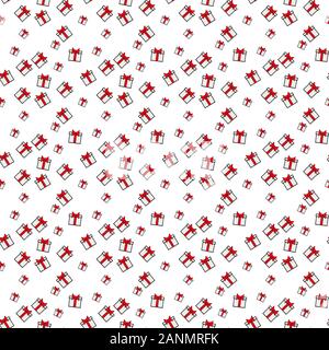 Seamless Christmas vector pattern. Blue and pink contoured giftboxes isolated on white background. Blue stars. Festive illustration. Cute doodle art. Stock Vector