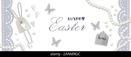 Happy easter background with realistic decorated beads and cute doodles. Greeting card trendy design. SHEBBY CHIC STYLE. Invitation template. Vector Stock Vector