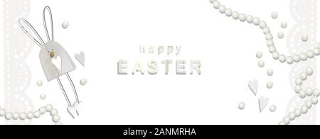 Easter sale banner. Elegant holiday discount advertising design. Garland of PEARLS AND BEADS. . Rabbit. Inscription. Stains. Vector illustration Stock Vector