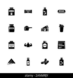 Sport Supplements icons - Expand to any size - Change to any colour. Flat Vector Icons - Black Illustration on White Background. Stock Vector