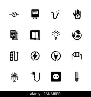 Electricity icons - Expand to any size - Change to any colour. Flat Vector Icons - Black Illustration on White Background. Stock Vector