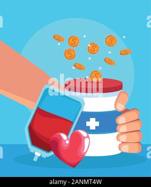 blood bag and hand with donation tin, colorful design Stock Vector