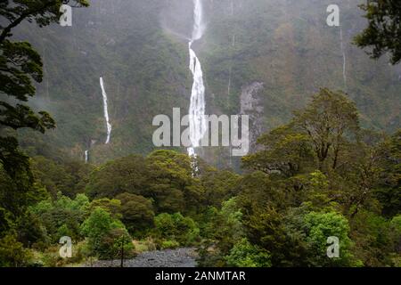 Sutherland Falls near Milford Sound in Milford Track Stock Photo