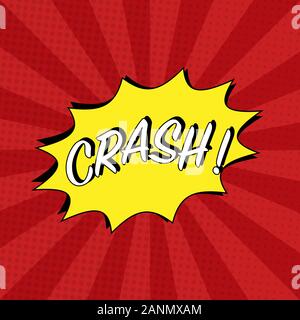 Crash comic cartoon in yellow colors with white cloud, halftone effects and rays. Explosion template. Pop-art style. Vector illustration eps10 Stock Vector