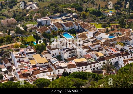 Panoramic view, residential housing complex with pool, white village of Mijas. Costa del Sol, Malaga province, southern Andalusia. Spain Europe