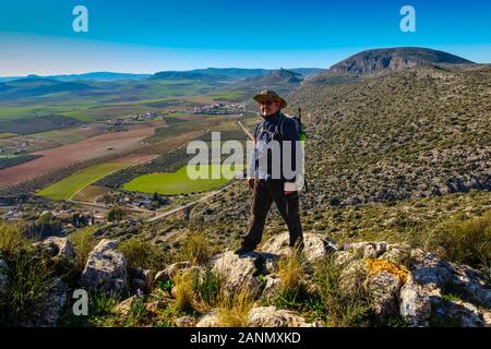 Hiker doing a nature walk. Nature environment natural park of Ardales. Malaga province, southern Andalusia. Spain Europe Stock Photo