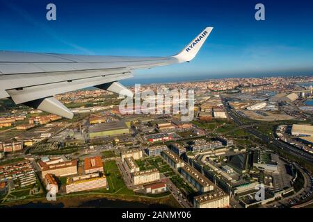 Plane flying over Santander, Cantabrian Sea. Cantabria, north Spain. Europe Stock Photo