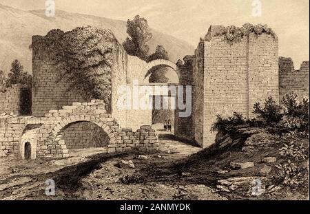 Exterior view of an Syrian Antioch gate, Turkey. Old engraving by Lemaitre published in L'Univers Syria, in 1841. History of the ancient Syria Stock Photo