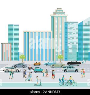 City center with pedestrians and cars on urban street Stock Vector