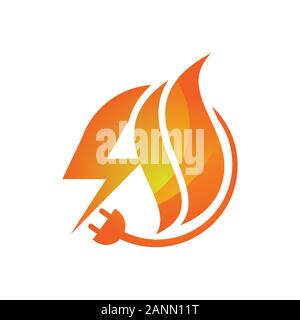 Fire Flame Logo design with electrical sign symbol. Stock Vector