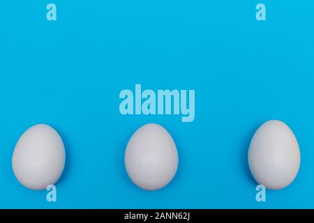 Three Easter holiday flat lay with white egg on a solid bright blue vibrant background with copy space on top. Stock Photo