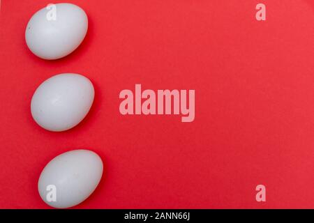 Three Easter holiday flat lay with white egg on a solid bright red vibrant background with copy space on right. Stock Photo