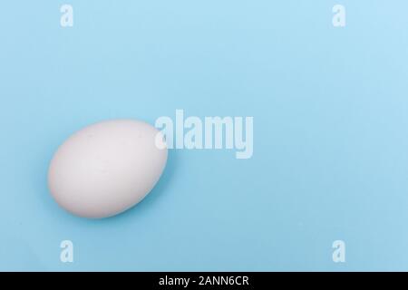 Easter holiday flat lay with white egg on a solid light blue pastel background with copy space. Stock Photo