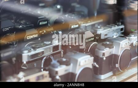 Seoul,Korea-24 APR 2019: old vintage camera display on the window shelf Stock Photo