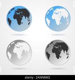 Set of blue and monochrome Earth globes isolated on white background. Light - blue simple scheme of the globe. Collection of icons Earth Globe - vecto Stock Vector