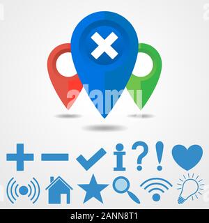 Set of bright vector markers for map and plan with navigation icons. Collection of modern map markers - vector illustration. Set of Location icon. Stock Vector