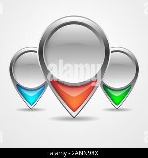Illustration of three colored navigation markers with shadow. Set of map markers isolated on white background. Map pointers - vector illustration. Stock Vector