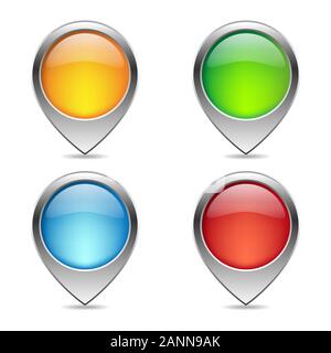 Illustration of four colored navigation markers with shadow. Set of map markers isolated on white background. Map pointers - vector illustration. Stock Vector