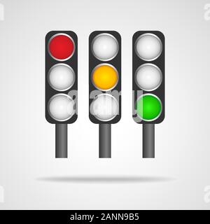 Traffic lights symbol on white background. Three urban traffic lights - vector illustration. Set of traffic lights isolated. Stock Vector